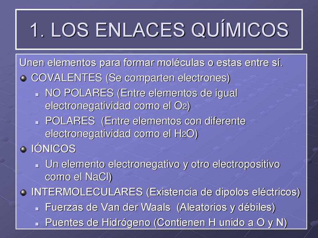 1. LOS ENLACES QUÍMICOS Unen elementos para formar moléculas o estas entre sí. COVALENTES (Se comparten electrones)