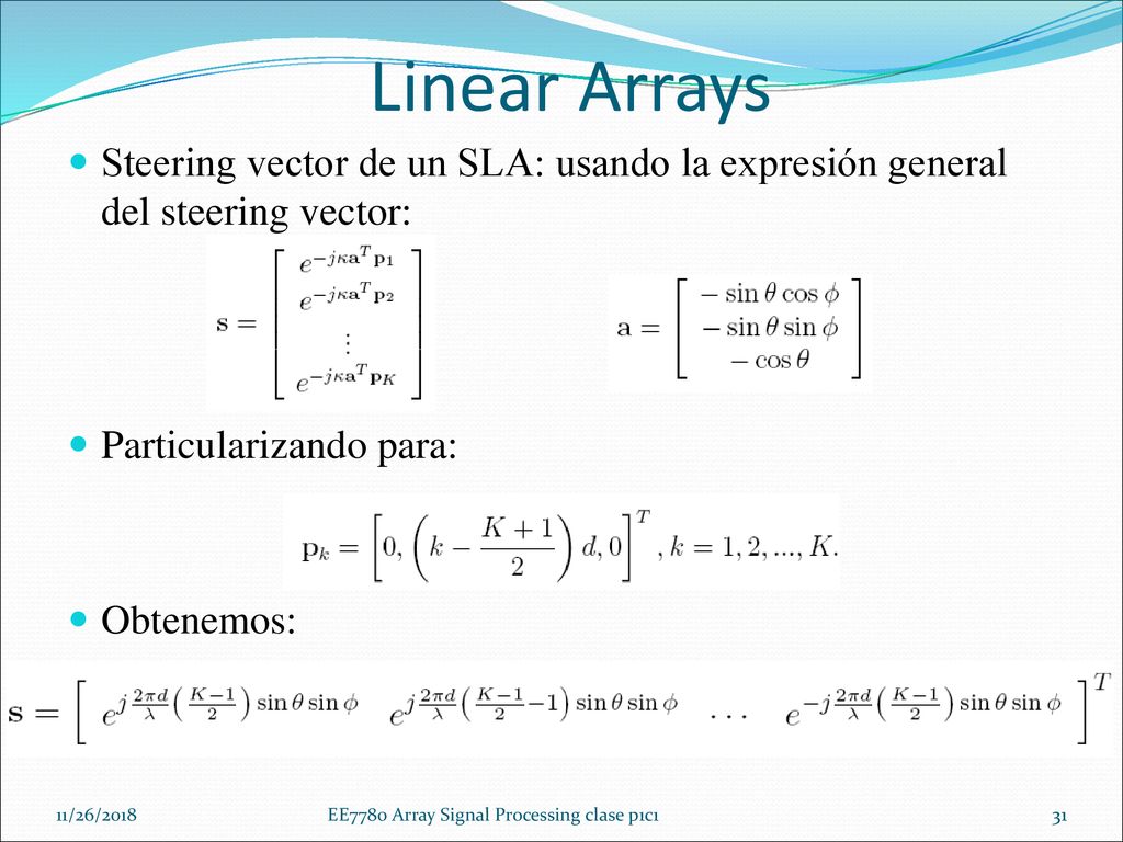 Linear Arrays Steering vector de un SLA: usando la expresión general del steering vector: Particularizando para: