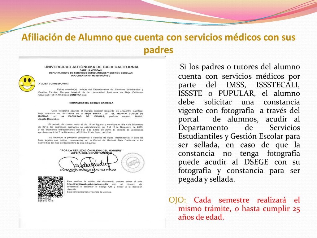 Afiliación de Alumno que cuenta con servicios médicos con sus padres