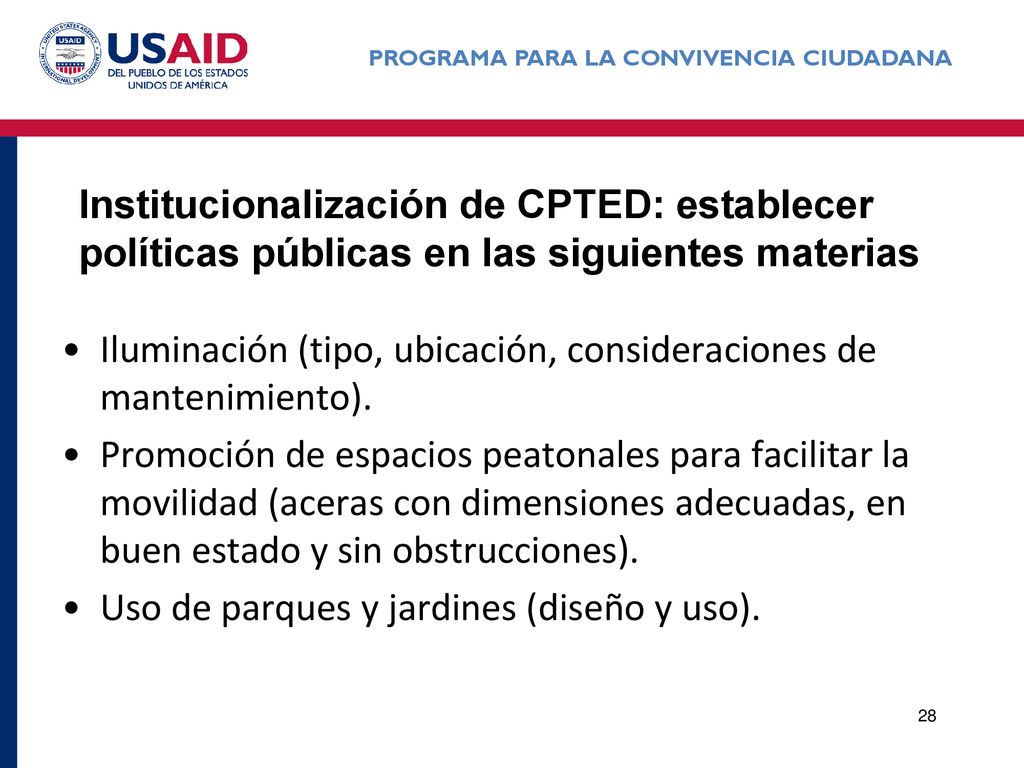 Institucionalización de CPTED: establecer políticas públicas en las siguientes materias