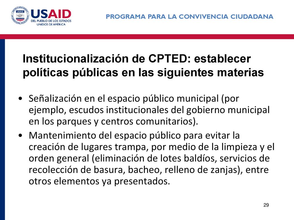 Institucionalización de CPTED: establecer políticas públicas en las siguientes materias
