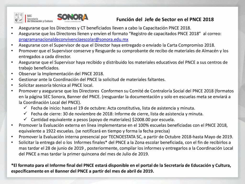 Función del Jefe de Sector en el PNCE 2018