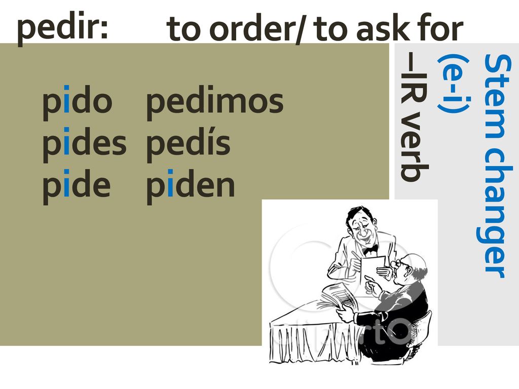 pedir: to order/ to ask for pido pedimos pides pedís pide piden Stem changer (e-i) –IR verb