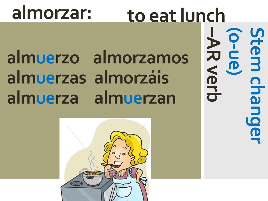 almorzar: to eat lunch Stem changer (o-ue) –AR verb