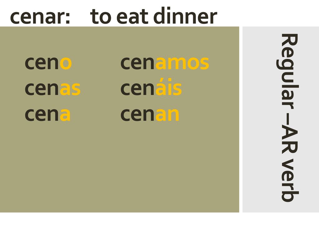 cenar: to eat dinner ceno cenamos cenas cenáis cena cenan Regular –AR verb