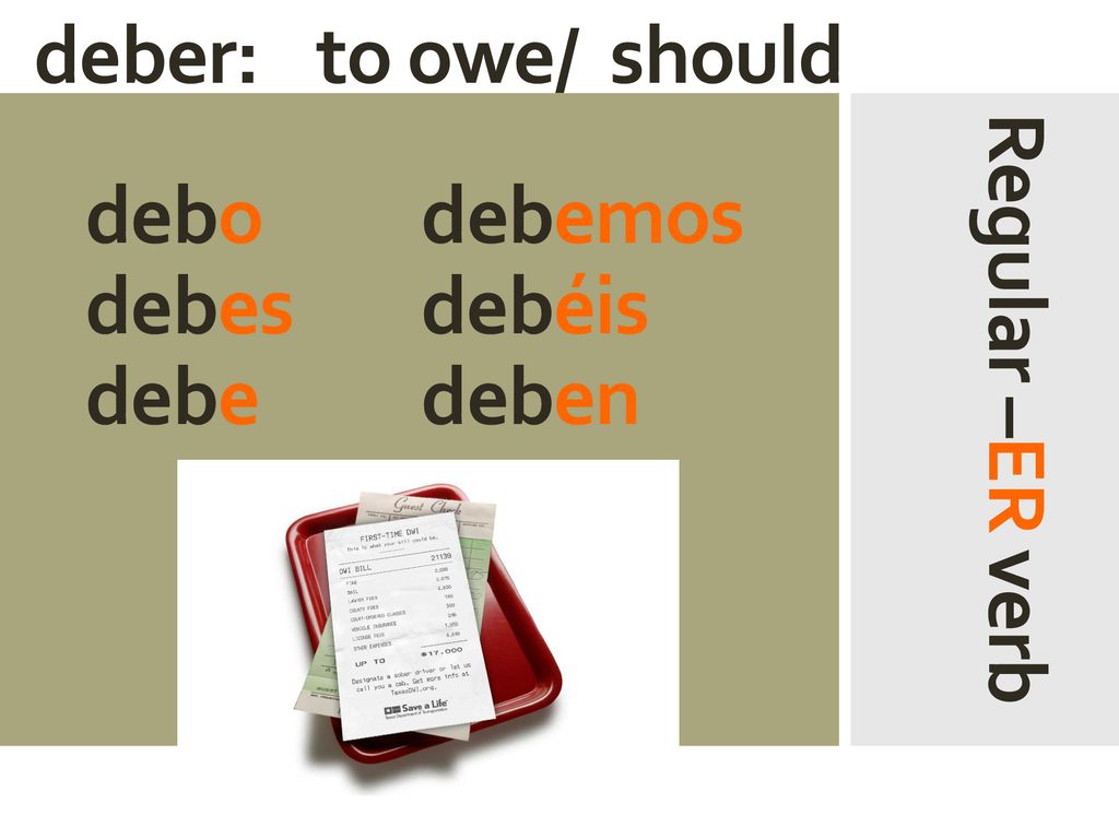 deber: to owe/ should debo debemos debes debéis debe deben Regular –ER verb