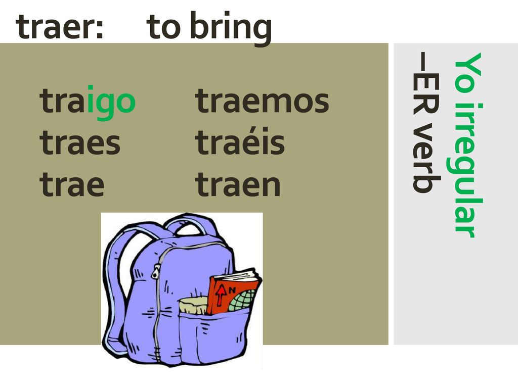 traer: to bring traigo traemos traes traéis trae traen Yo irregular –ER verb