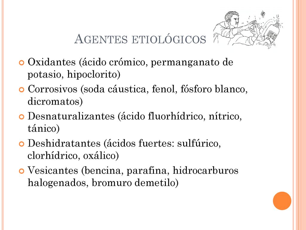 Agentes etiológicos Oxidantes (ácido crómico, permanganato de potasio, hipoclorito) Corrosivos (soda cáustica, fenol, fósforo blanco, dicromatos)
