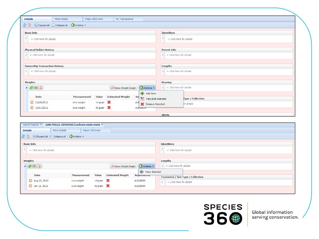 Para revisar como luce el rol, podemos revisar un registro animal desde dos roles diferentes. El usuario en la parte sueprior tiene asignado un role que incluye todos los aspectos del registro y la habiliadd de adicionar, editar y remover información.