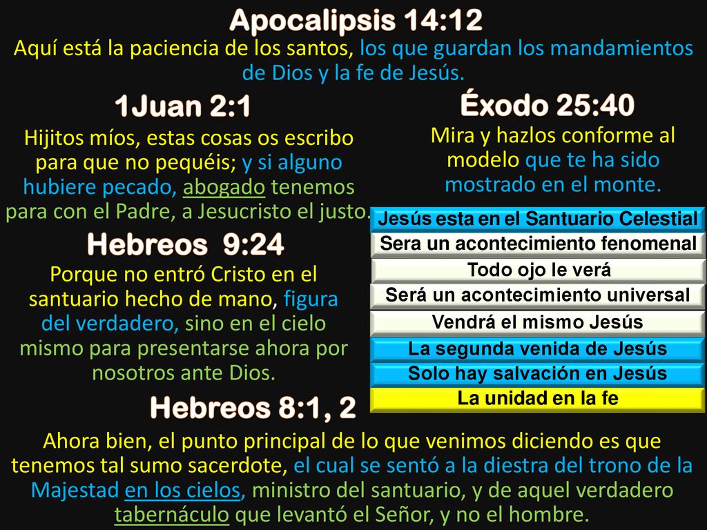 Apocalipsis 14:12 1Juan 2:1 Éxodo 25:40 Hebreos 9:24 Hebreos 8:1, 2