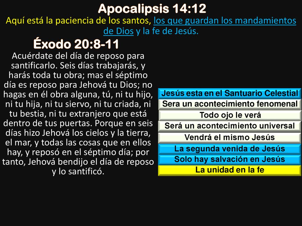Apocalipsis 14:12 Aquí está la paciencia de los santos, los que guardan los mandamientos de Dios y la fe de Jesús.