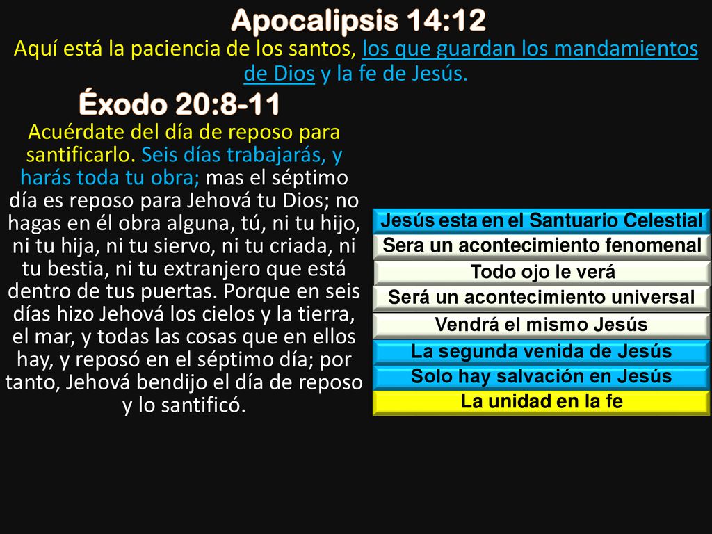 Apocalipsis 14:12 Aquí está la paciencia de los santos, los que guardan los mandamientos de Dios y la fe de Jesús.