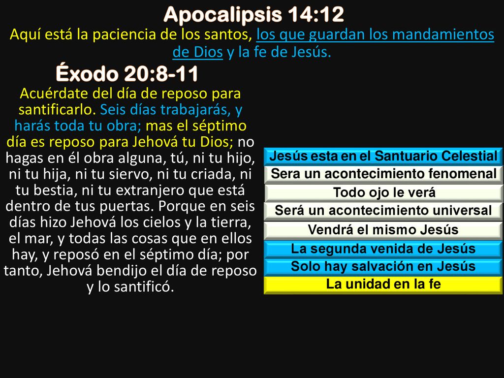 Apocalipsis 14:12 Aquí está la paciencia de los santos, los que guardan los mandamientos de Dios y la fe de Jesús.