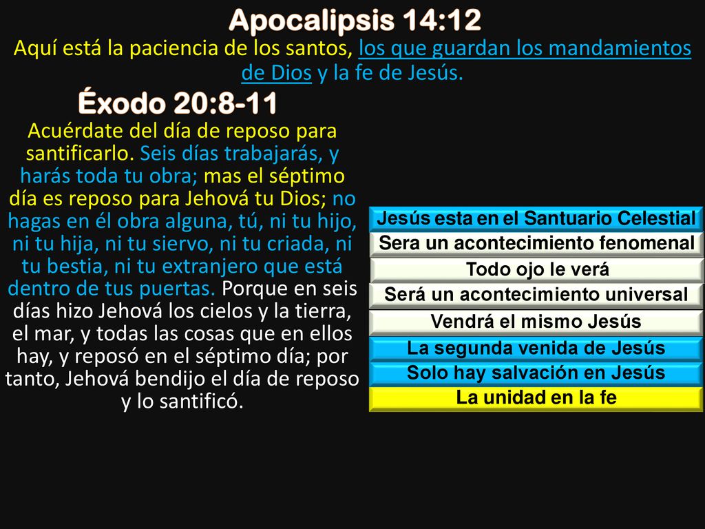 Apocalipsis 14:12 Aquí está la paciencia de los santos, los que guardan los mandamientos de Dios y la fe de Jesús.