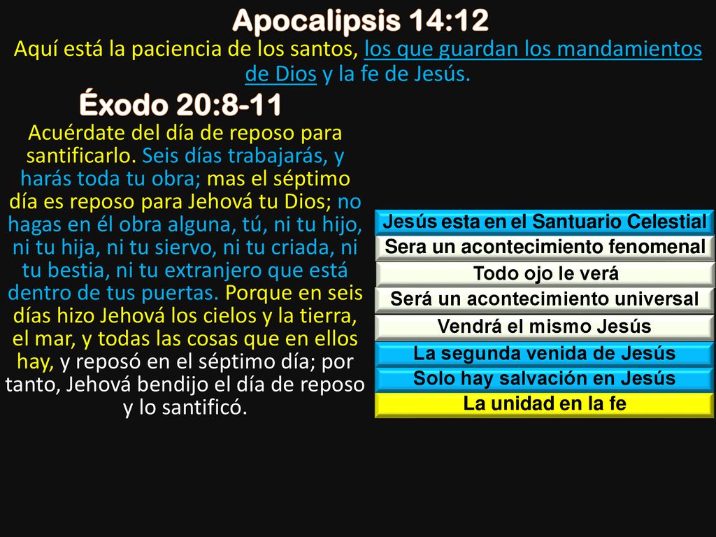 Apocalipsis 14:12 Aquí está la paciencia de los santos, los que guardan los mandamientos de Dios y la fe de Jesús.