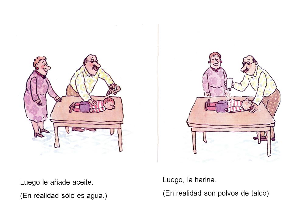 Luego, la harina. (En realidad son polvos de talco) Luego le añade aceite.