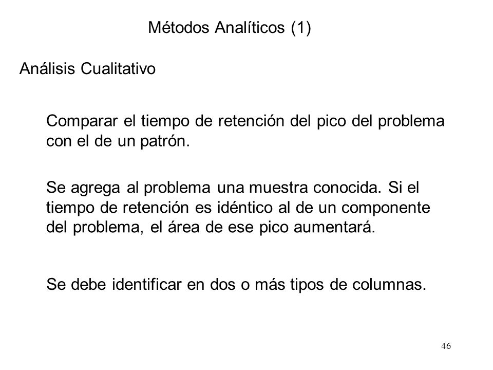 Métodos Analíticos (1) Análisis Cualitativo. Comparar el tiempo de retención del pico del problema con el de un patrón.