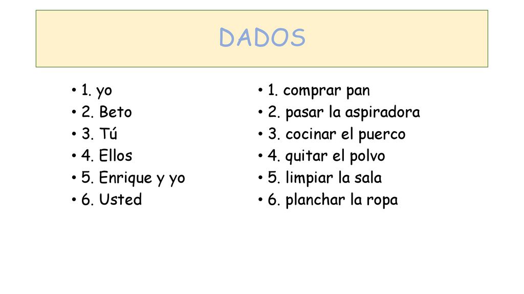 DADOS 1. yo 2. Beto 3. Tú 4. Ellos 5. Enrique y yo 6. Usted