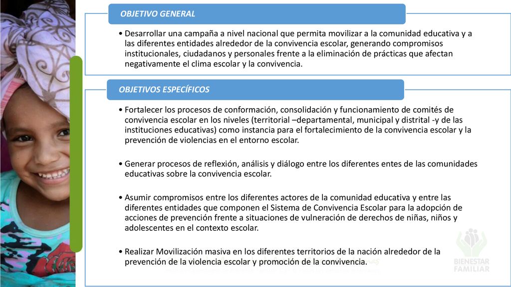 Desarrollar una campaña a nivel nacional que permita movilizar a la comunidad educativa y a las diferentes entidades alrededor de la convivencia escolar, generando compromisos institucionales, ciudadanos y personales frente a la eliminación de prácticas que afectan negativamente el clima escolar y la convivencia.