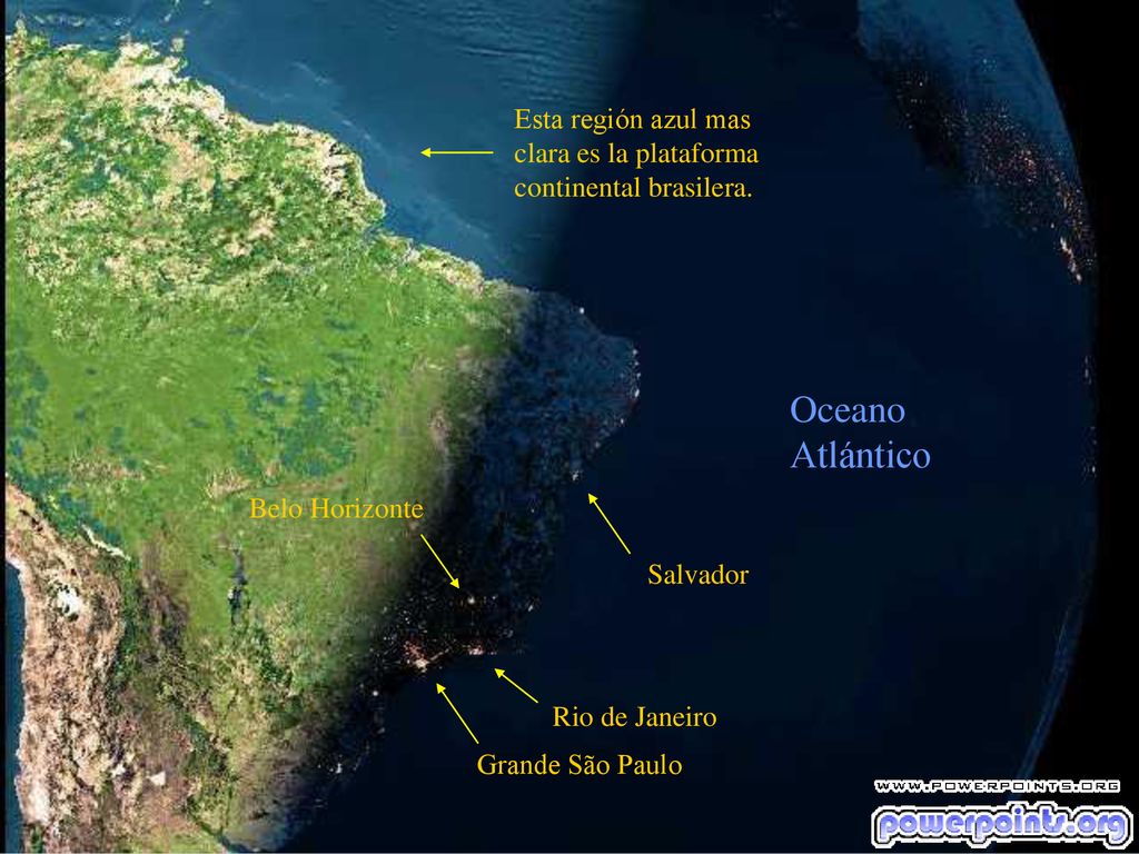 Esta región azul mas clara es la plataforma continental brasilera.