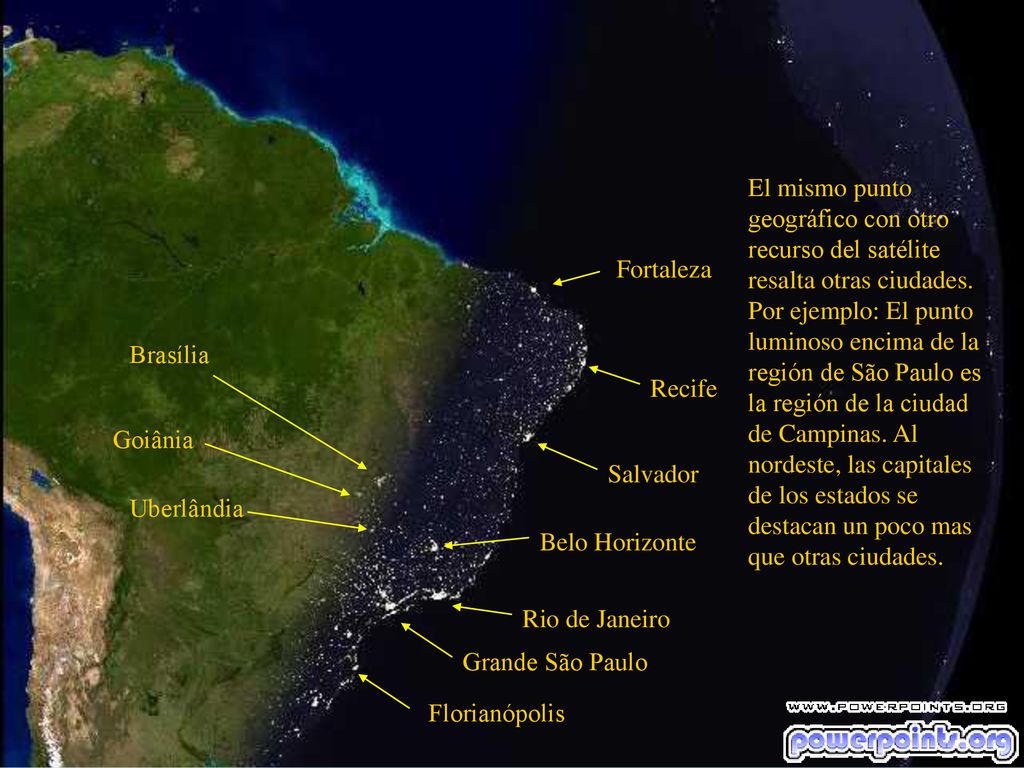 El mismo punto geográfico con otro recurso del satélite resalta otras ciudades. Por ejemplo: El punto luminoso encima de la región de São Paulo es la región de la ciudad de Campinas. Al nordeste, las capitales de los estados se destacan un poco mas que otras ciudades.