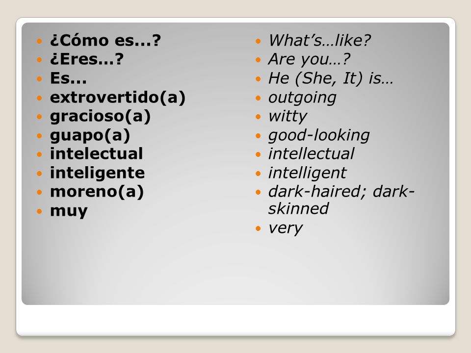 ¿Cómo es... ¿Eres… Es... extrovertido(a) gracioso(a) guapo(a) intelectual. inteligente. moreno(a)