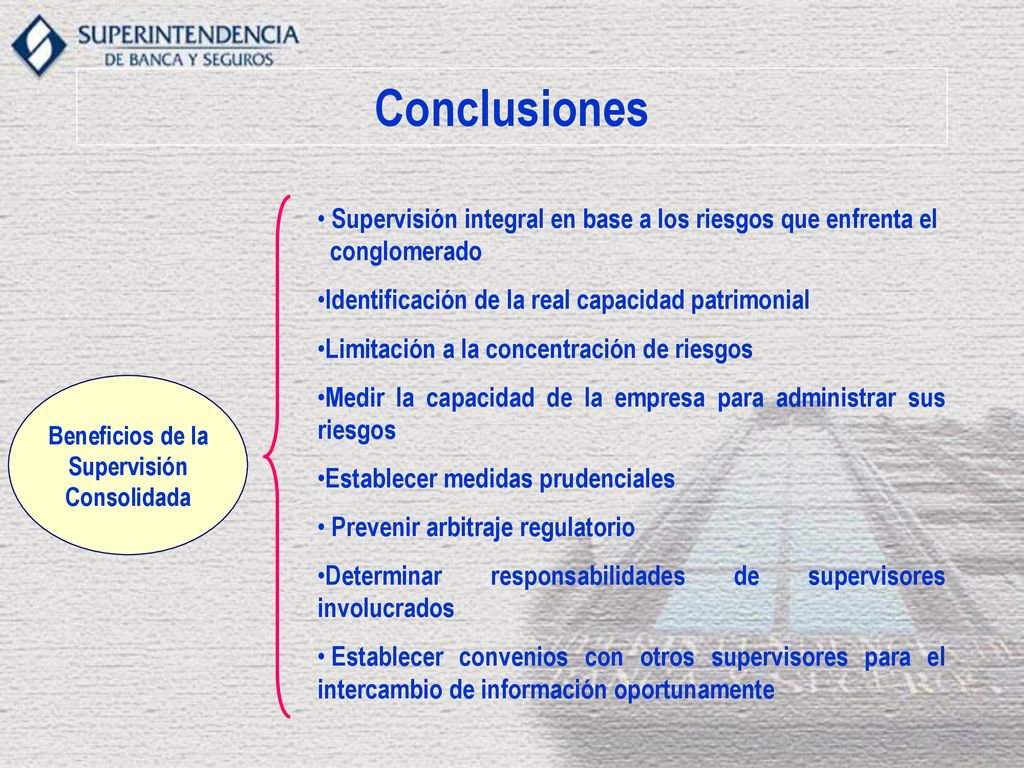 Conclusiones Supervisión integral en base a los riesgos que enfrenta el. conglomerado. Identificación de la real capacidad patrimonial.
