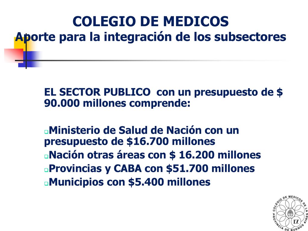 COLEGIO DE MEDICOS Aporte para la integración de los subsectores
