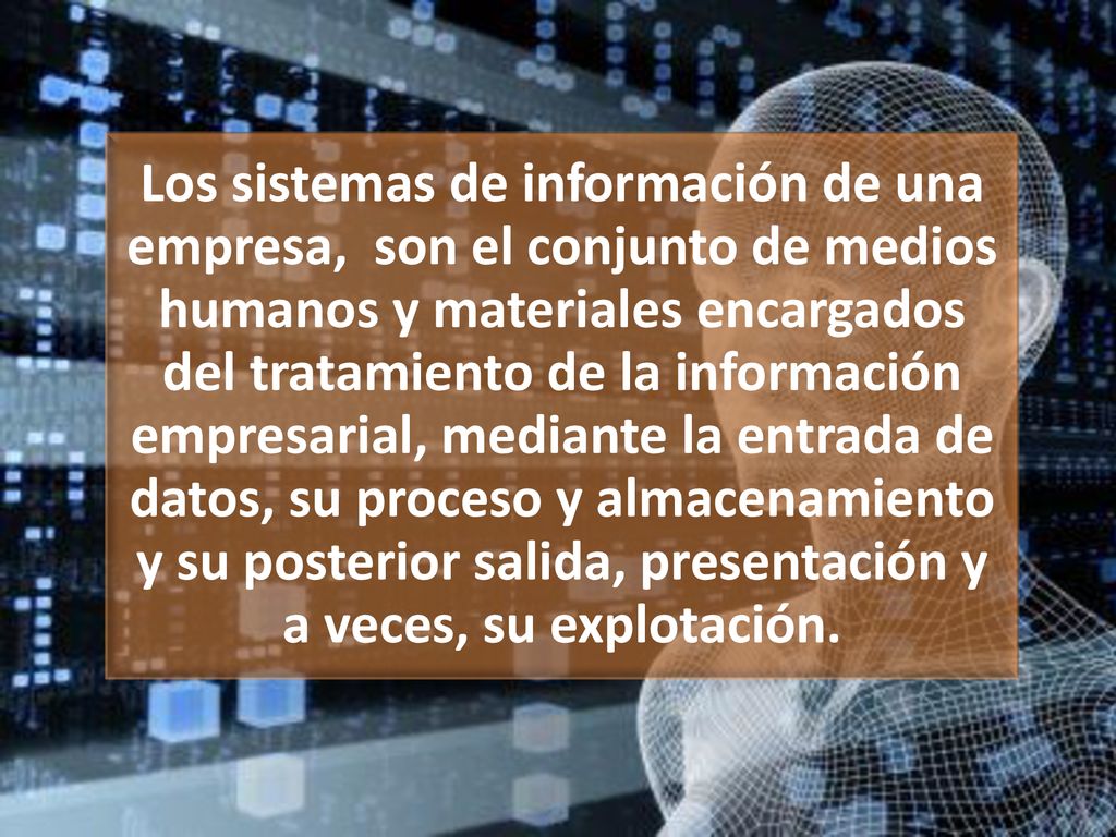 Los sistemas de información de una empresa, son el conjunto de medios humanos y materiales encargados del tratamiento de la información empresarial, mediante la entrada de datos, su proceso y almacenamiento y su posterior salida, presentación y a veces, su explotación.