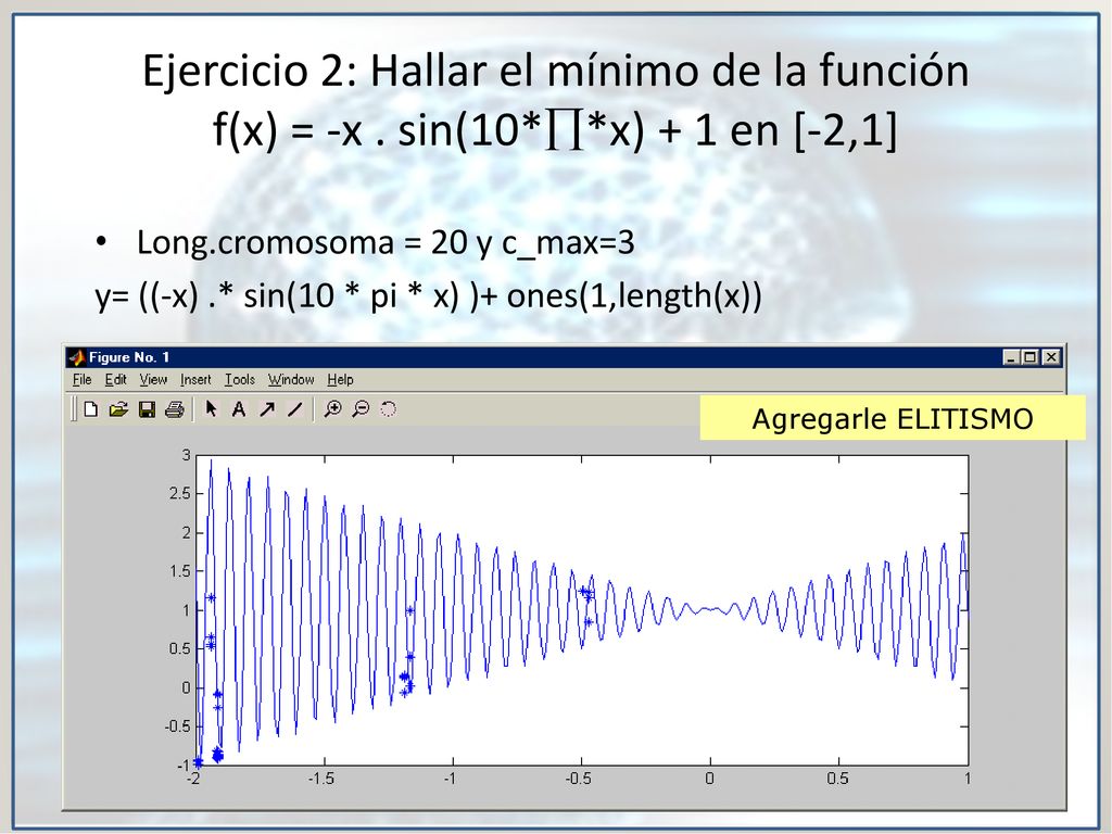 Ejercicio 2: Hallar el mínimo de la función f(x) = -x. sin(10. 