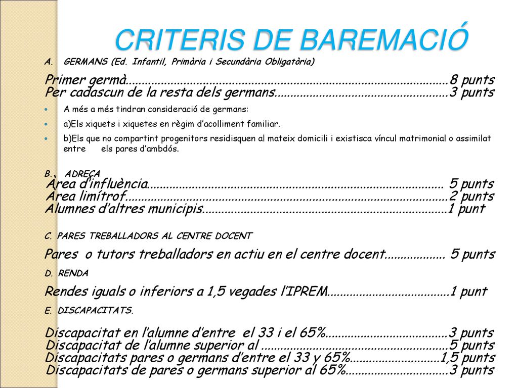 CRITERIS DE BAREMACIÓ GERMANS (Ed. Infantil, Primària i Secundària Obligatòria)