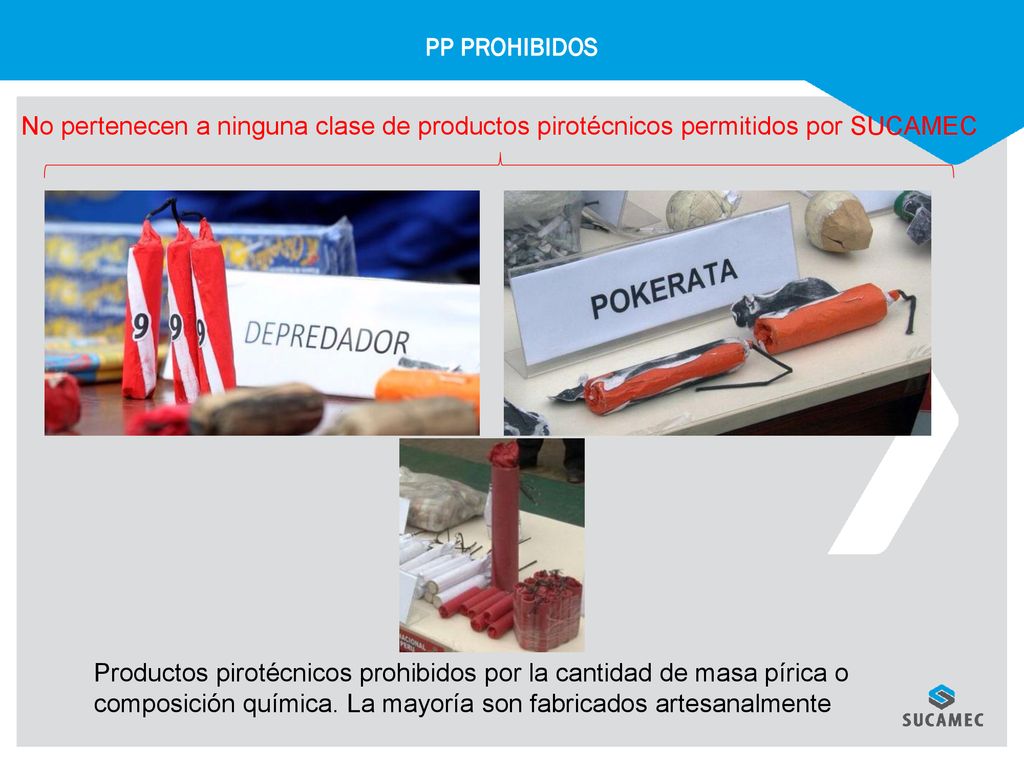PP PROHIBIDOS No pertenecen a ninguna clase de productos pirotécnicos permitidos por SUCAMEC.