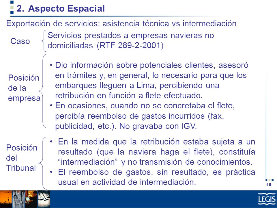 Aspecto Espacial Exportación de servicios: asistencia técnica vs intermediación.