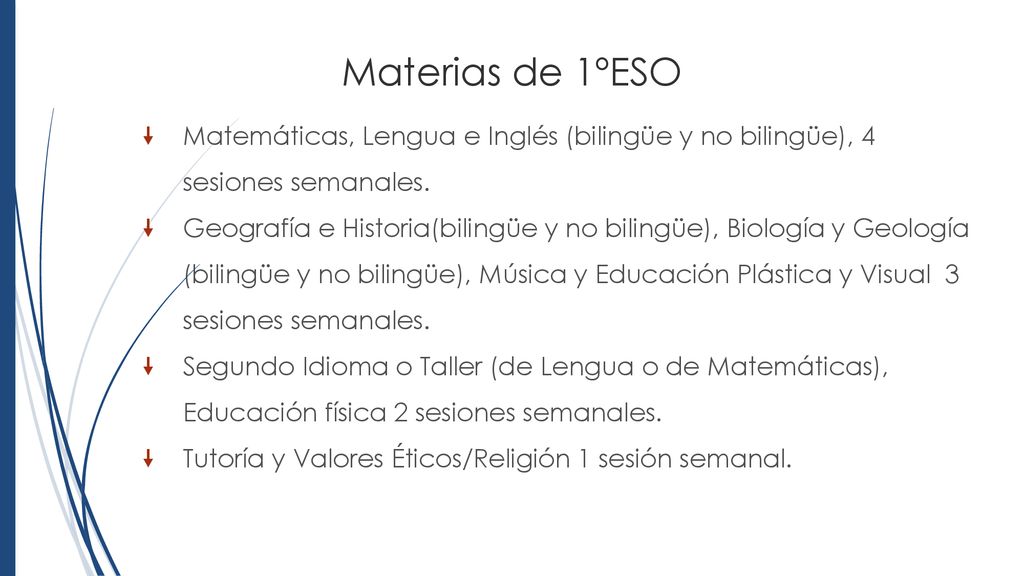 Materias de 1ºESO Matemáticas, Lengua e Inglés (bilingüe y no bilingüe), 4 sesiones semanales.