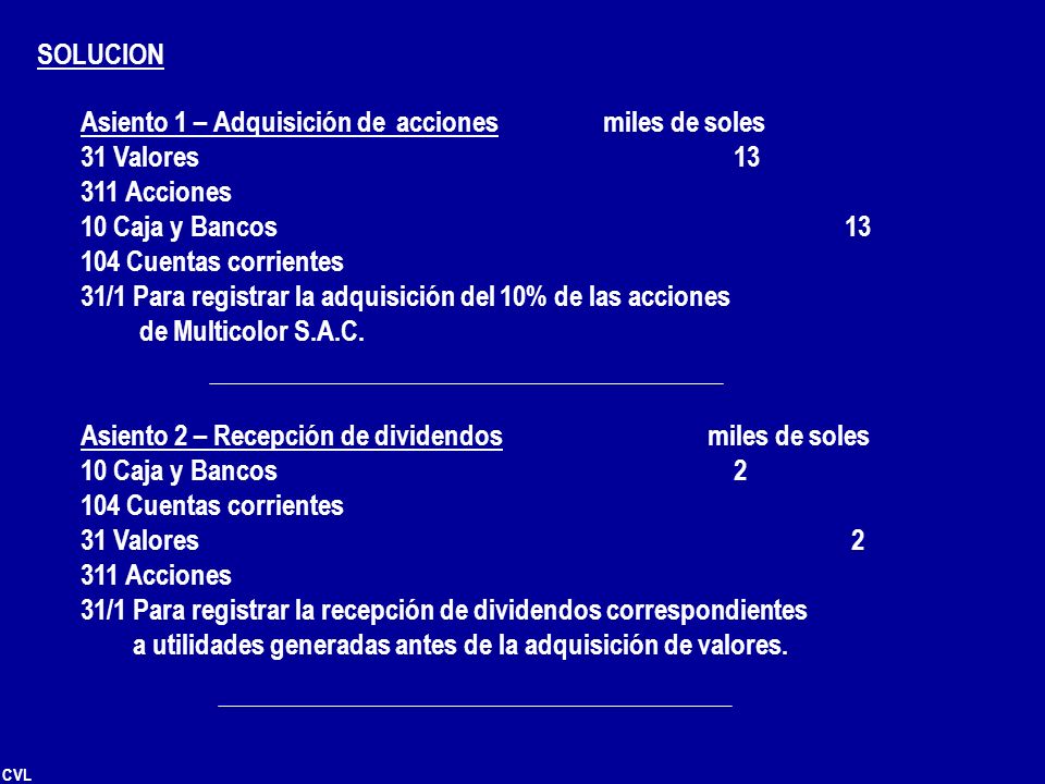 SOLUCION Asiento 1 – Adquisición de acciones miles de soles. 31 Valores Acciones.