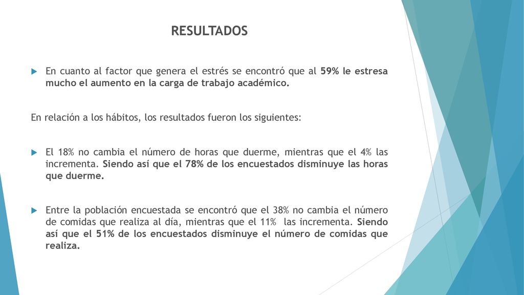 RESULTADOS En cuanto al factor que genera el estrés se encontró que al 59% le estresa mucho el aumento en la carga de trabajo académico.