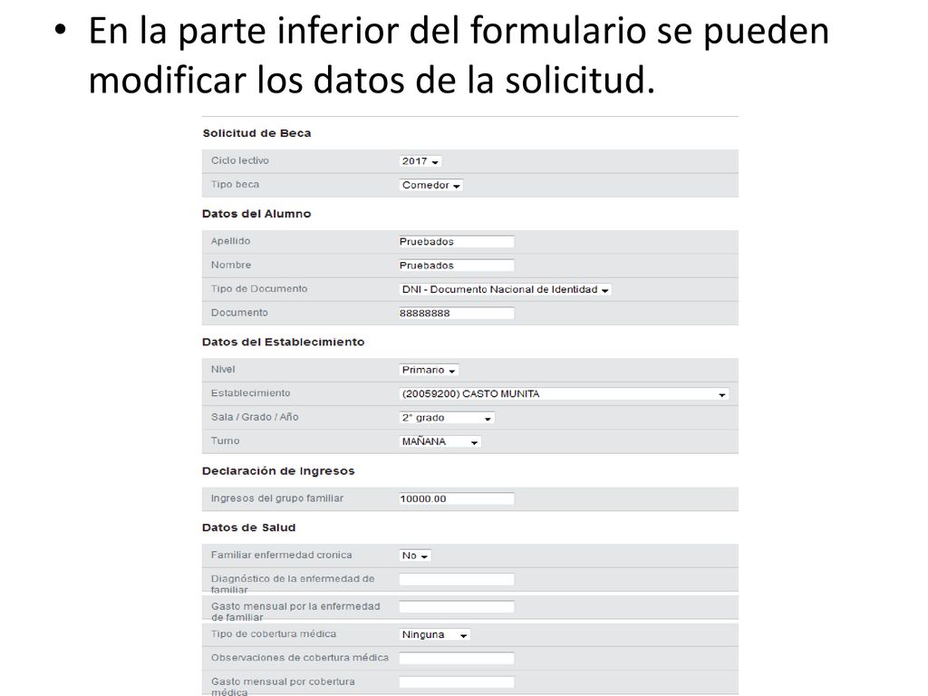 En la parte inferior del formulario se pueden modificar los datos de la solicitud.
