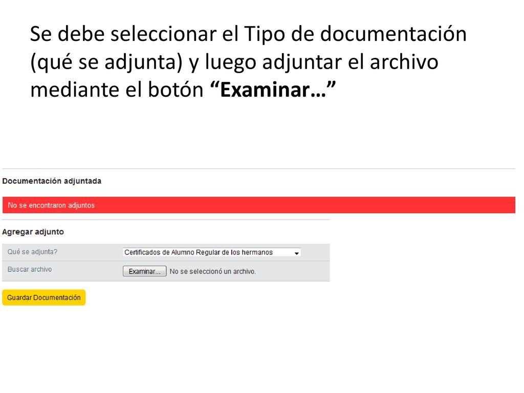 Se debe seleccionar el Tipo de documentación (qué se adjunta) y luego adjuntar el archivo mediante el botón Examinar…