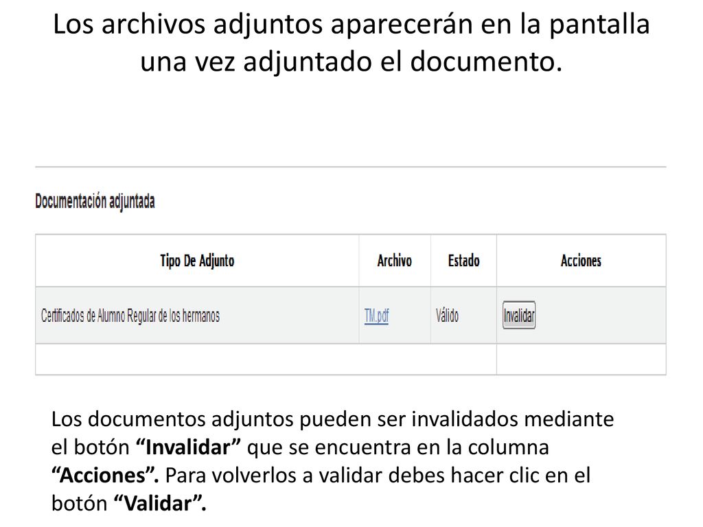 Los archivos adjuntos aparecerán en la pantalla una vez adjuntado el documento.