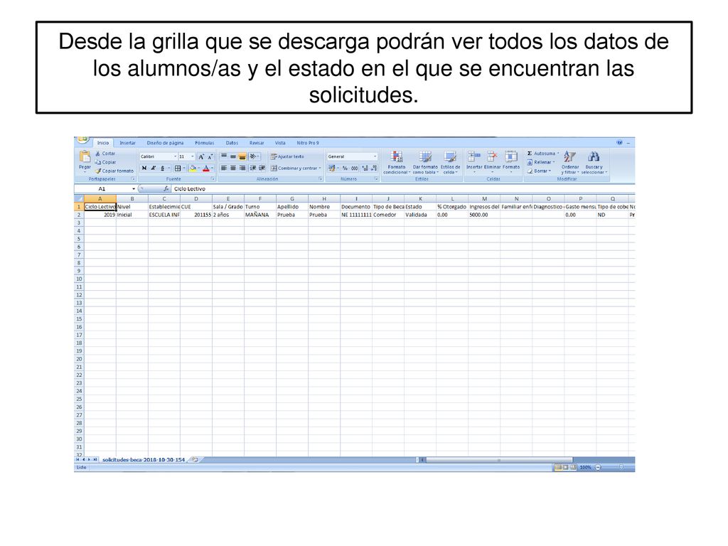 Desde la grilla que se descarga podrán ver todos los datos de los alumnos/as y el estado en el que se encuentran las solicitudes.