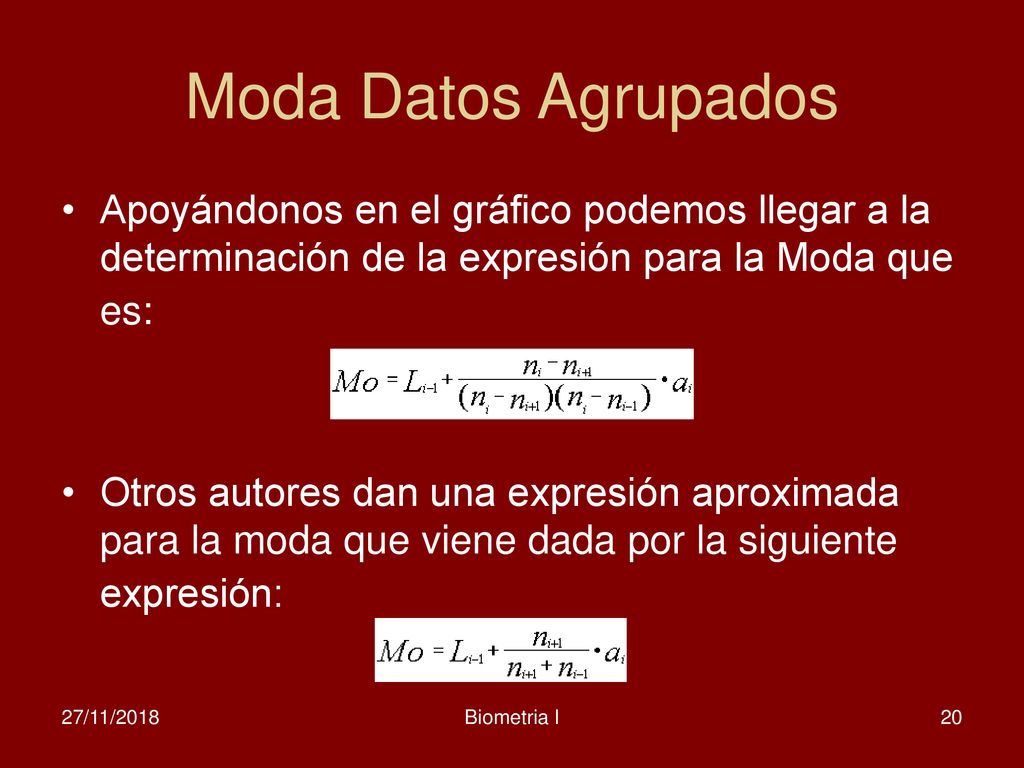 Moda Datos Agrupados Apoyándonos en el gráfico podemos llegar a la determinación de la expresión para la Moda que es: