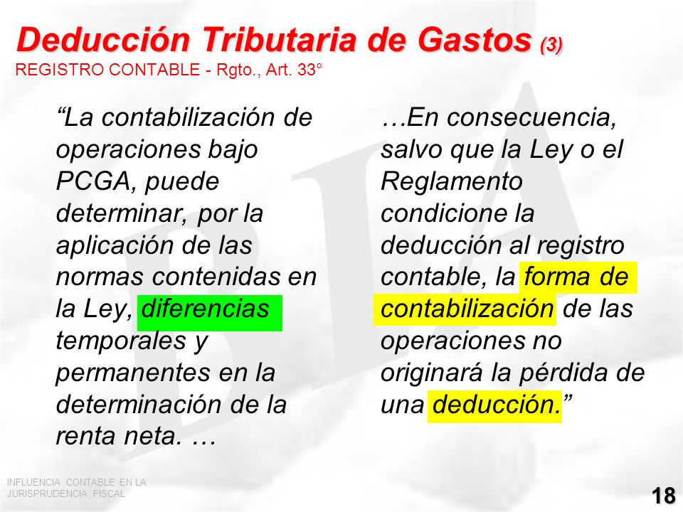 Deducción Tributaria de Gastos (3) REGISTRO CONTABLE - Rgto., Art. 33°