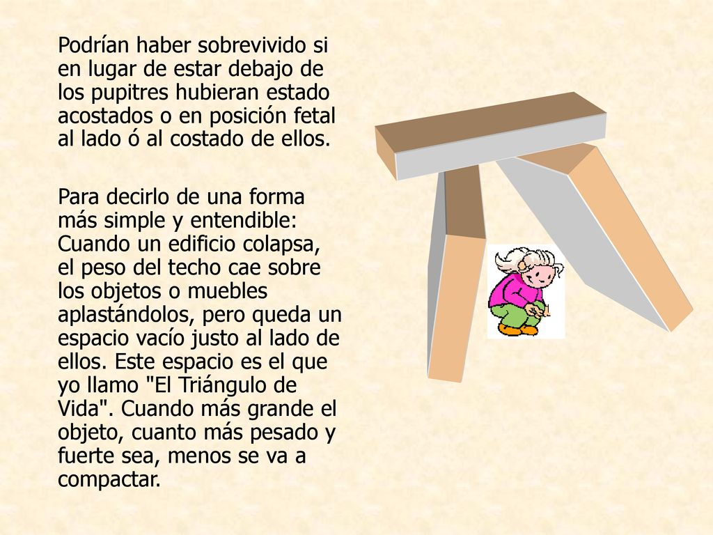 Podrían haber sobrevivido si en lugar de estar debajo de los pupitres hubieran estado acostados o en posición fetal al lado ó al costado de ellos.