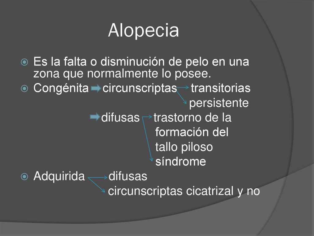 Alopecia Es la falta o disminución de pelo en una zona que normalmente lo posee. Congénita circunscriptas transitorias.
