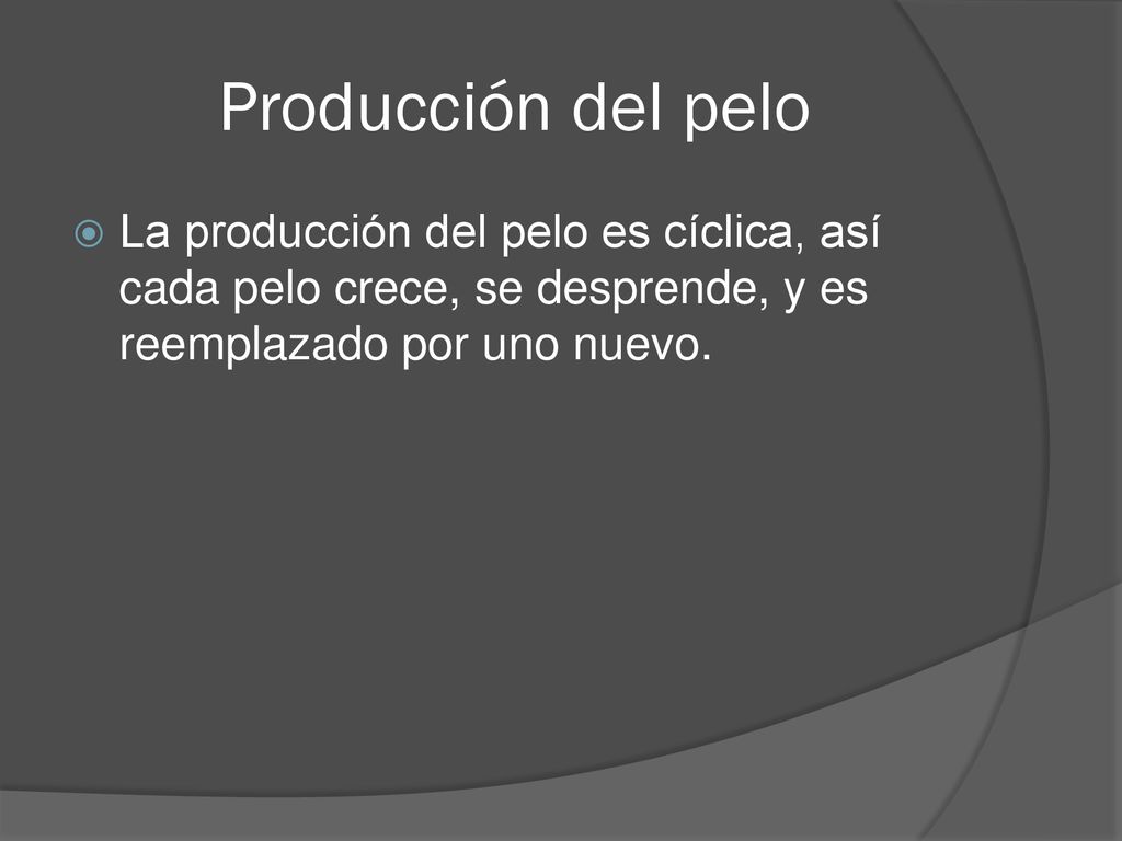Producción del pelo La producción del pelo es cíclica, así cada pelo crece, se desprende, y es reemplazado por uno nuevo.