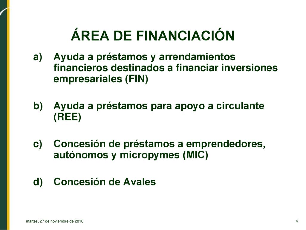 ÁREA DE FINANCIACIÓN Ayuda a préstamos y arrendamientos financieros destinados a financiar inversiones empresariales (FIN)