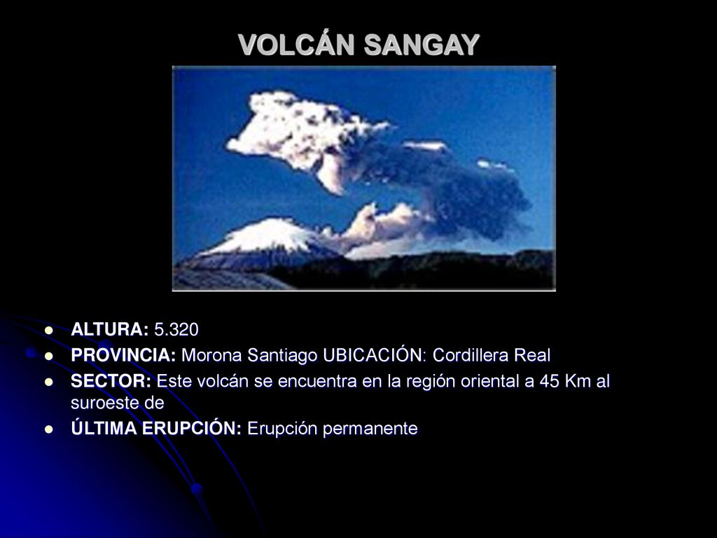 VOLCÁN SANGAY ALTURA: PROVINCIA: Morona Santiago UBICACIÓN: Cordillera Real.