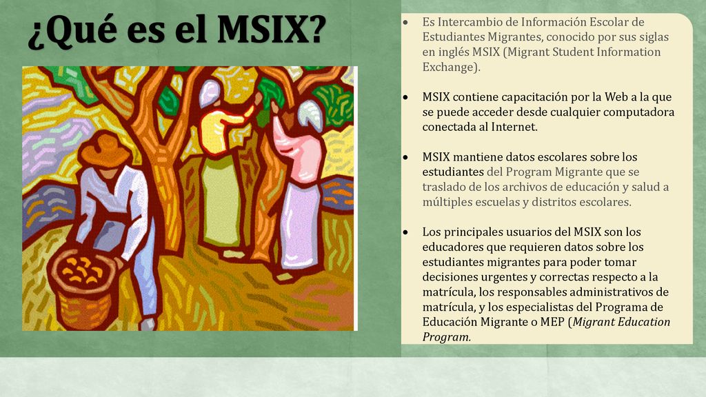 Es Intercambio de Información Escolar de Estudiantes Migrantes, conocido por sus siglas en inglés MSIX (Migrant Student Information Exchange).