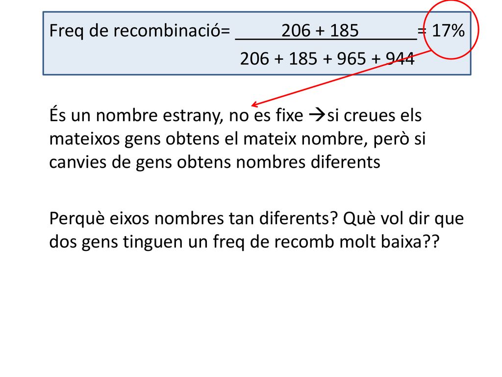 Freq de recombinació= = 17% És un nombre estrany, no es fixe si creues els mateixos gens obtens el mateix nombre, però si canvies de gens obtens nombres diferents Perquè eixos nombres tan diferents.