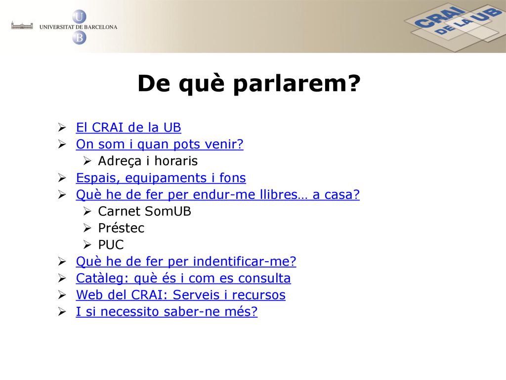 De què parlarem El CRAI de la UB On som i quan pots venir